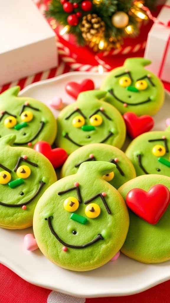 A festive plate of Grinch cookies, bright green with sprinkles, set against a red holiday backdrop.